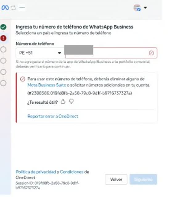 Error al conectar un número nuevo a WhatsApp Business por tener el portafolio comercial sin verificar