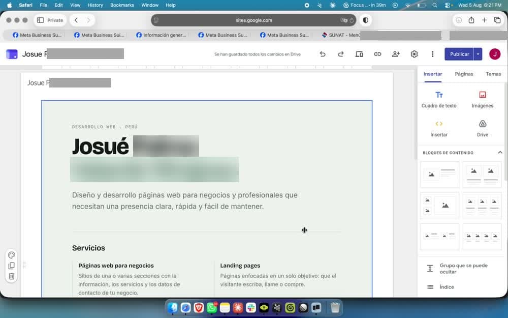 Página web de ejemplo hecha en Google Sites con el nombre del negocio, el rubro, el teléfono y la dirección
