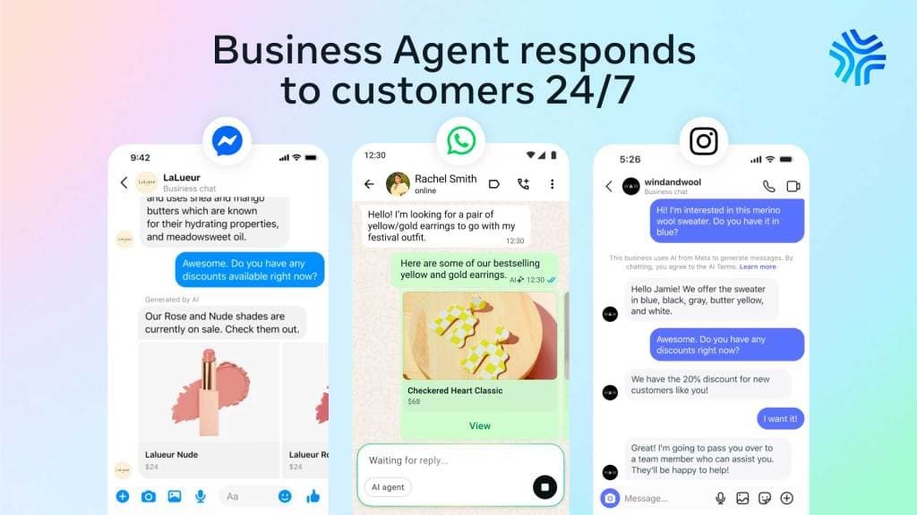 Meta Business Agent replying on WhatsApp, Instagram and Messenger