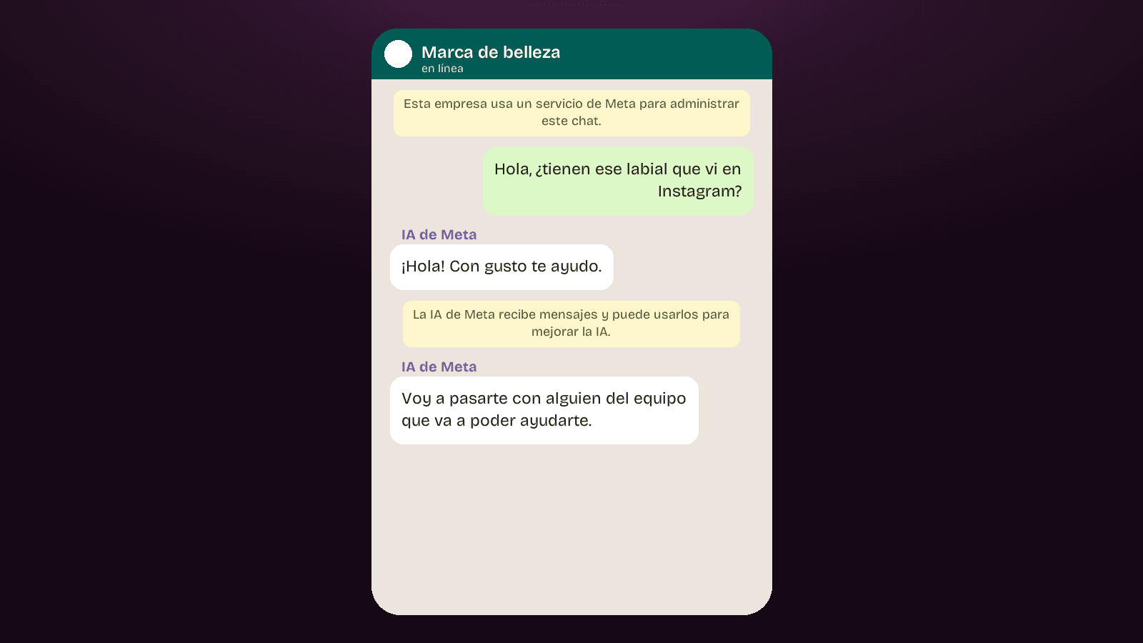 Chat de ejemplo: Meta Business Agent se identifica como IA de Meta y deriva a un asesor humano