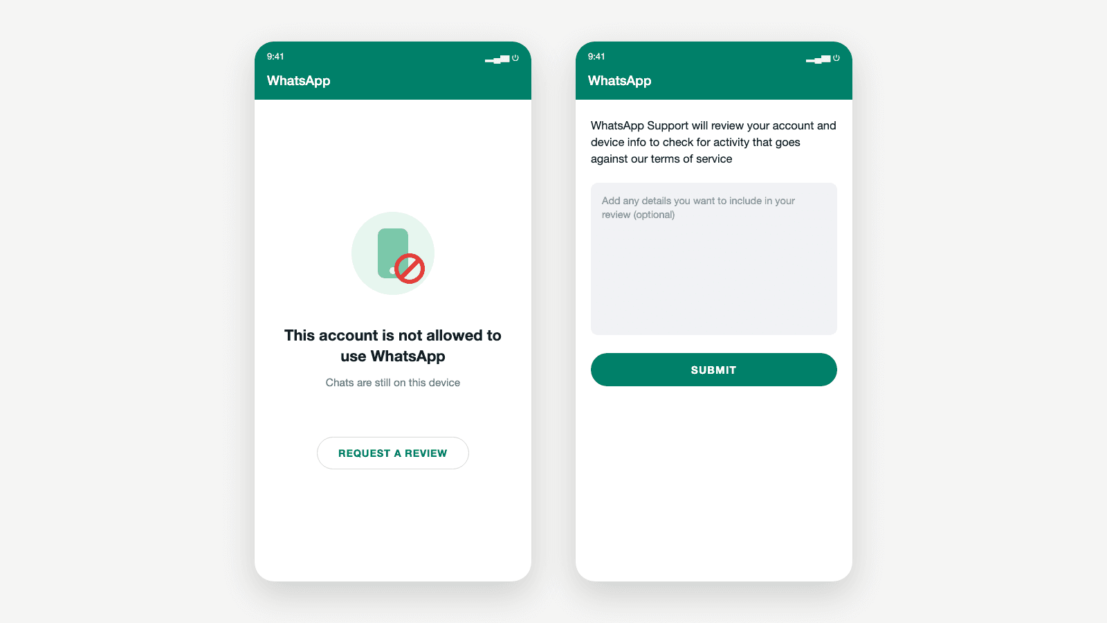 Recreation of the WhatsApp ban screen "This account is not allowed to use WhatsApp" with the Request a review button, next to the form where you describe your case and submit it