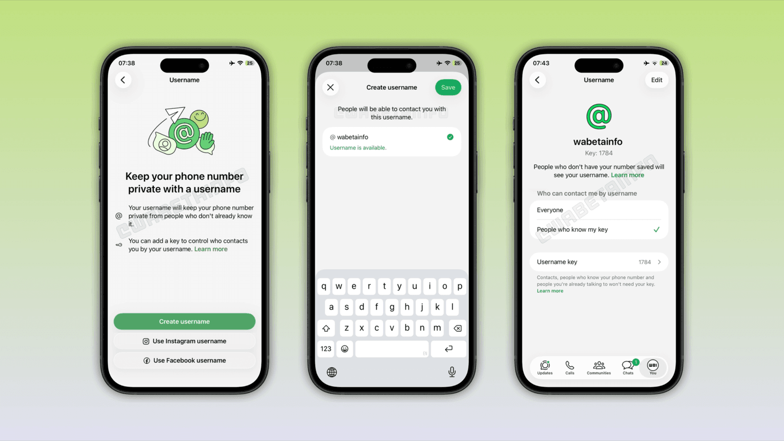 Real iOS screens of the WhatsApp username: create the username, see availability, and set up the username key
