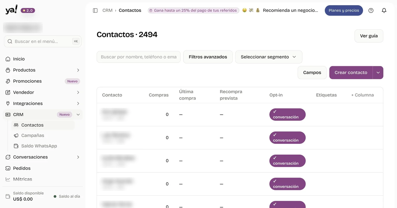 yavendió! CRM contact list with purchases and consent status