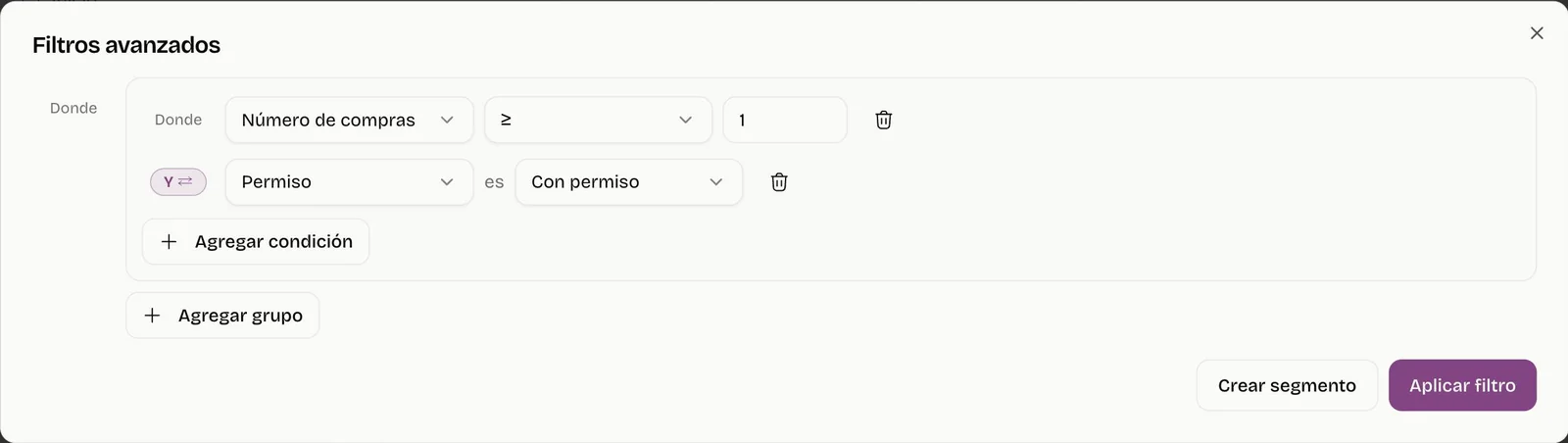 Advanced filters: at least 1 purchase and consent granted