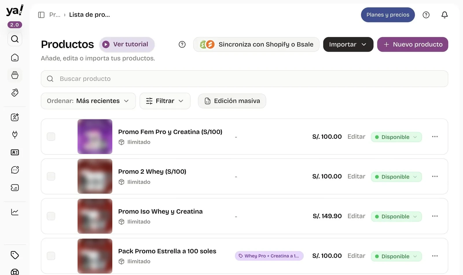 Lista de productos en el panel de yavendió!