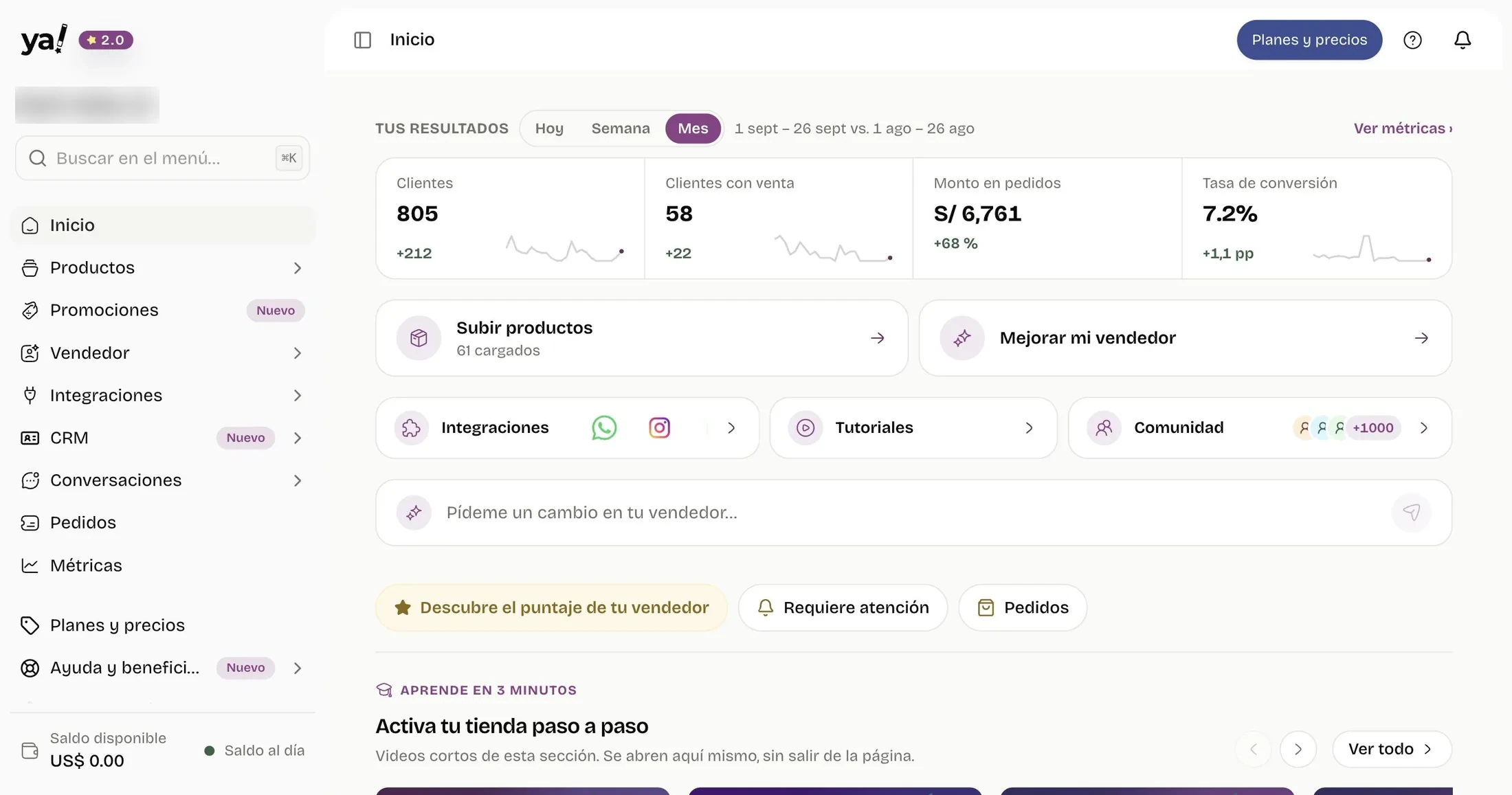 Inicio del panel de yavendió!: clientes, ventas y tasa de conversión del mes