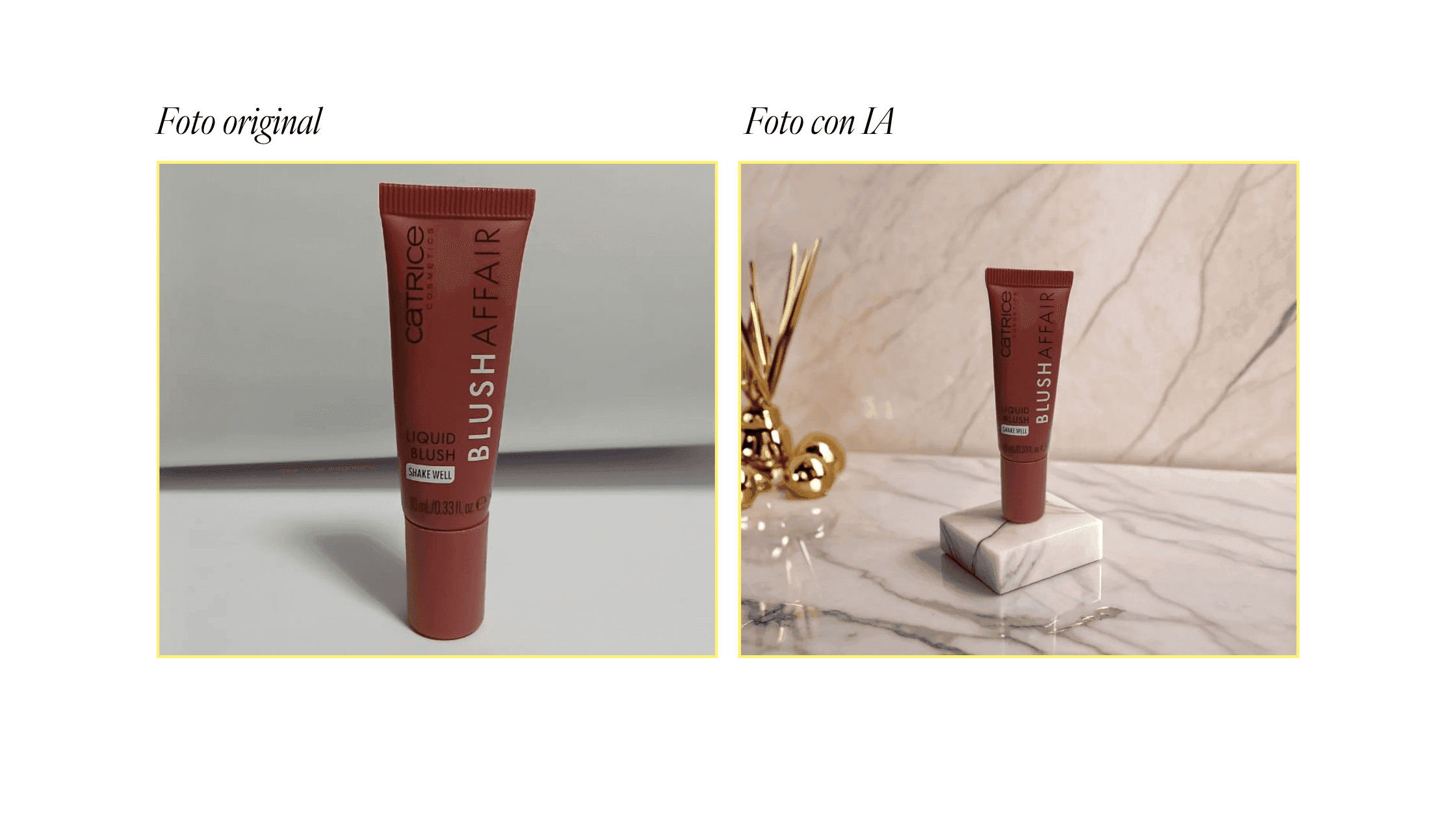 Before and after of an advertising photo for makeup with artificial intelligence