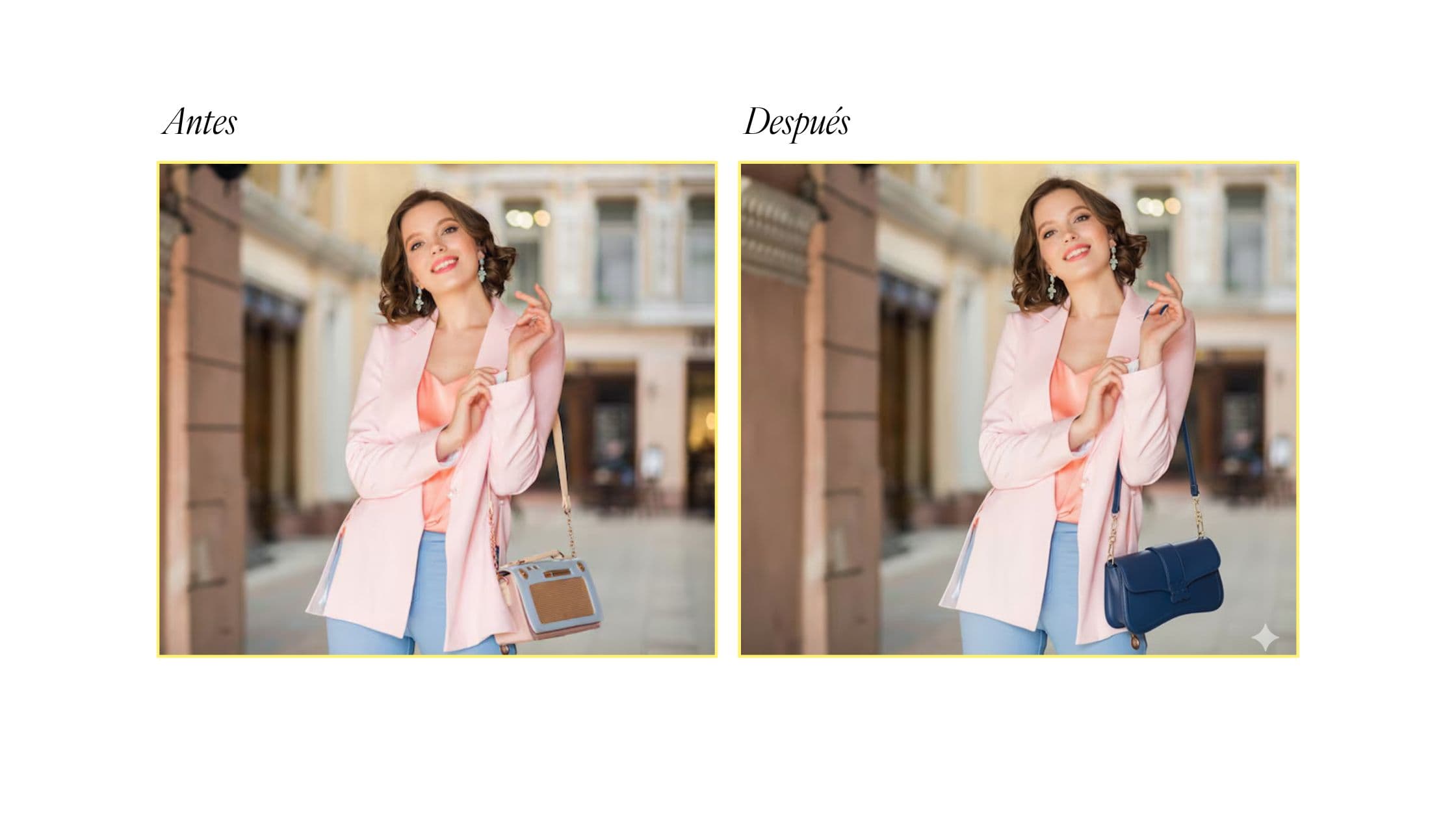 Before and after of an advertising photo of a handbag with Gemini's Nano Banana AI