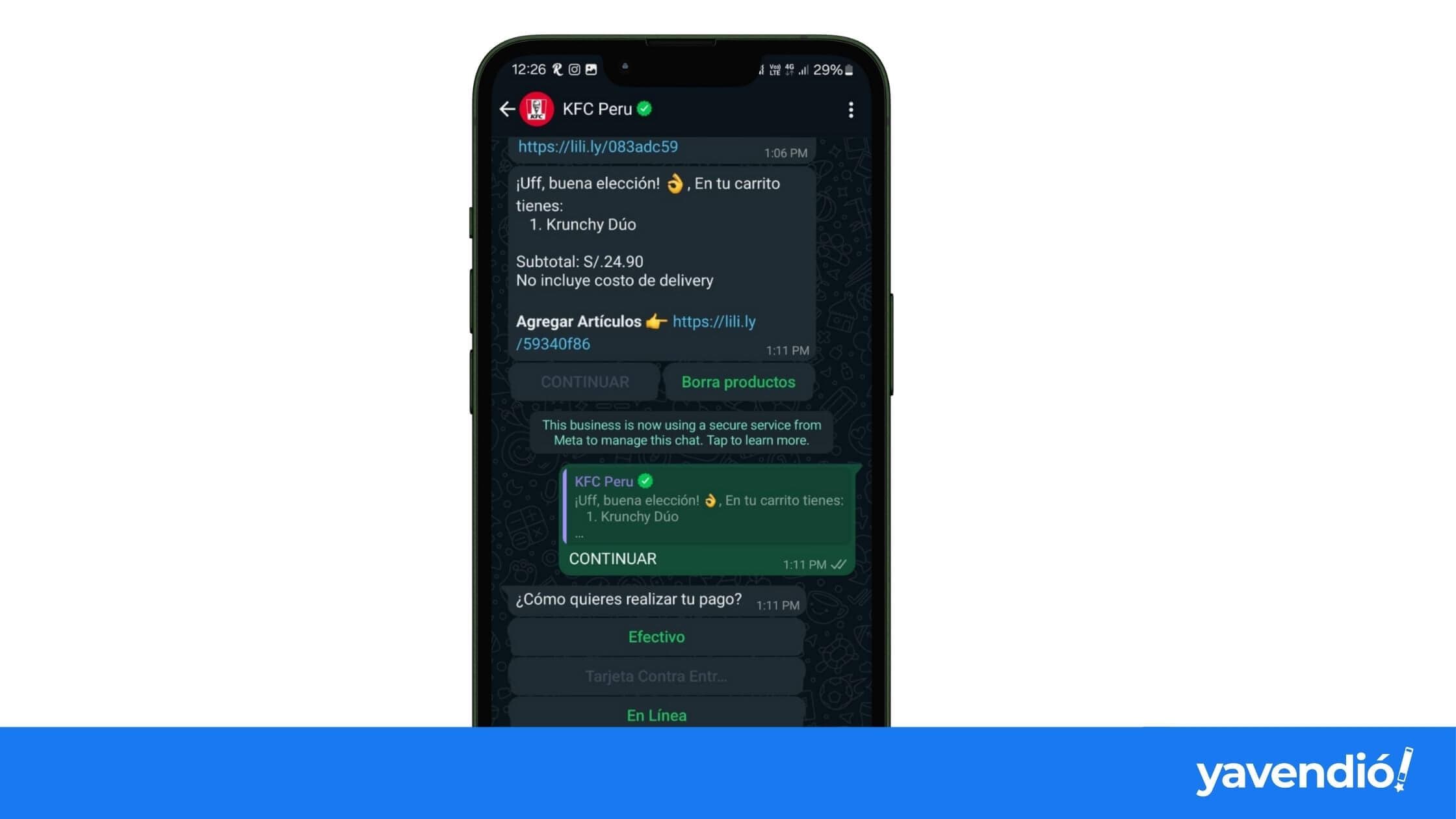 WhatsApp payment collection message from KFC
