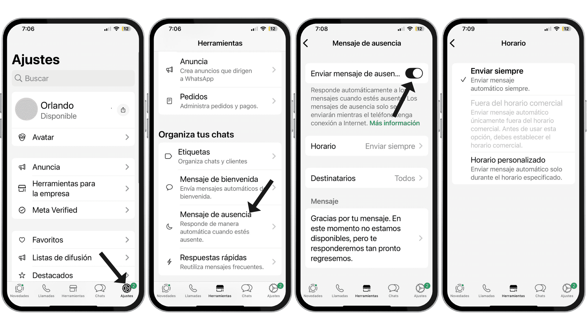 Paso a paso para crear mensajes de ausencia en WhatsApp Business de IOS